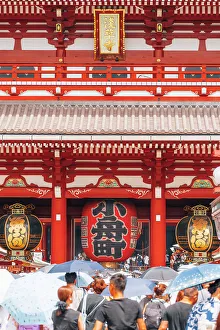 Sensoji Prints: Tourists in front of Sensoji Temple in summer, Japan, Tokyo, Taito, Tokyo