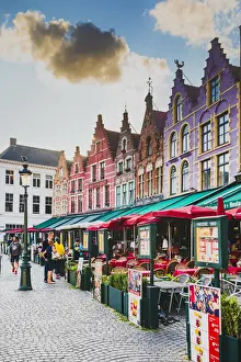 Flemish Region Prints: Tourists sitting in caf√® on Bruges main square, Belgium