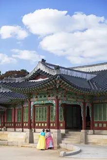 Ancient Monument Prints: Tourists wearing traditional Korean clothes in Changdeokgung Palace