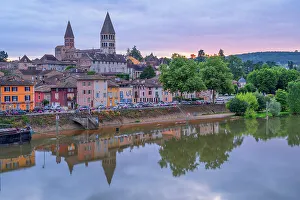 Macon Prints: Tournus Abbey with Soane river at dusk