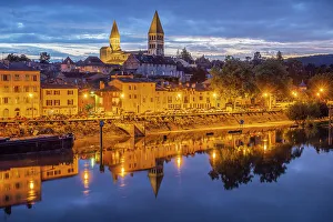 Macon Prints: Tournus Abbey with Soane river at dusk