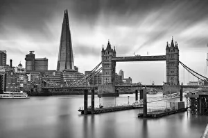 Cloudy Prints: Tower Bridge, the Shard and boat docks, London, England, United Kingdom