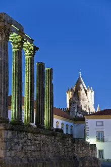 Romans Collection: Tower of the Se Catedral (Motherchurch) and the Roman Temple of Diana at dusk, a Unesco