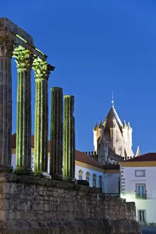 Roman Ruins Prints: Tower of the Se Catedral (Motherchurch) and the Roman Temple of Diana at dusk, a Unesco