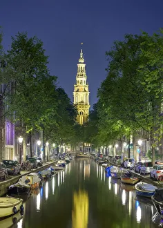 Tower of Zuiderkerk church from Groenburgwal at night, Amsterdam, North Holland