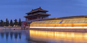 Moat Prints: Towers and moat of Forbidden City at dusk, Beijing, China