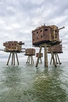The towers of the Red Sands Fort - part of the decommissioned Maunsell Forts, the armed towers built in the Thames estuary to protect the Kent coast during the Second World War, near Whitstable, Kent, England