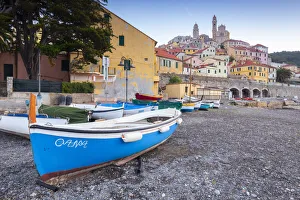 Bell Towers Prints: Town of Cervo and boat on its beach. Cervo, Imperia province, Ponente Riviera