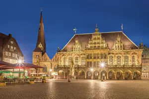 Market Square Prints: Town hall and Church Unser Lieben Frauen on the market square in the evening