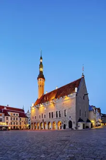 Cobbled Street Prints: Town Hall at dawn, Raekoja plats, Old Town Market Square, Tallinn, Estonia