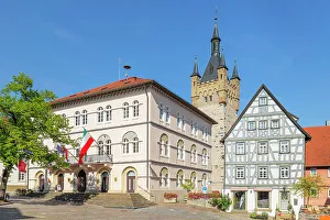 Town hall at the market square with Blue Tower, Bad Wimpfen, Neckartal Valley, Burgenstrasse, Baden-Wurttemberg; Germany