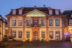 Grand Est Prints: Town hall of Ribeauville at dusk, Alsace, Alsace Wine Road, Haut-Rhin, Grand Est, France
