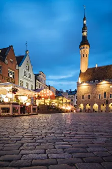 Tallinn Prints: Town Hall Square (Raekoja plats) at dusk, Old Town, Tallinn, Estonia, Europe
