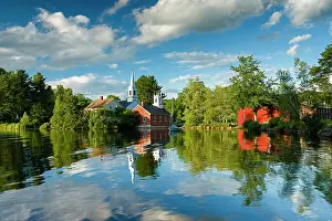New Hampshire Prints: Town reflection in Harrisville Pond, Harrisville, New Hampshire, USA