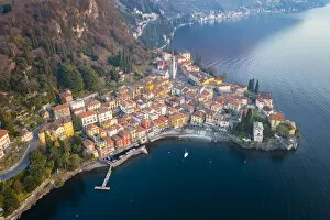 town of Varenna, Lake Como, at sunset in winter. Varenna, Lecco district, Lombardy, Italy