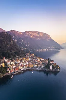 town of Varenna, Lake Como, at sunset in winter. Varenna, Lecco district, Lombardy, Italy