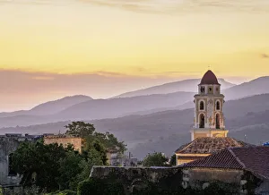 Townscape with San Francisco Convent Church Tower at dusk, elevated view, Trinidad