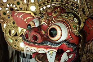 Masks Prints: Traditional Barong mask used in dance ceremonies, Taman Ayun Temple, Bali, Indonesia