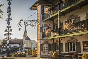 Traditionally Prints: Traditional Bavarian inn and maypole in Schliersee, Upper Bavaria, Bavaria, Germany