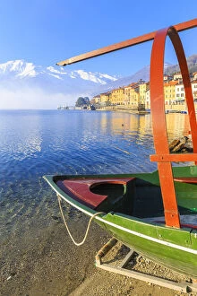 Traditional boat (Lucia) of Como Lake moored in front of Domaso, Como Lake, Lombardy