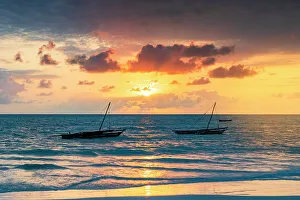 Dhow Prints: Traditional boats at sunrise, Jambiani, Zanzibar, Tanzania