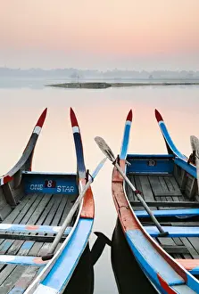 Mandalay Prints: Traditional Burmese boats at sunrise on Taungthaman Lake, Amarapura, Mandalay, Burma