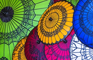 Handmade Prints: Traditional Burmese umbrellas made of cotton and bamboo, Bagan, Mandalay region, Myanmar