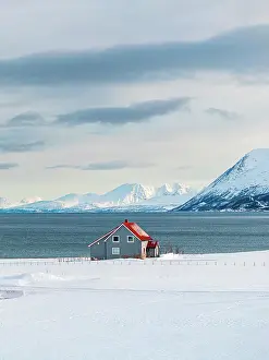 Fjord Prints: Traditional cabin on snowy coastline facing the cold arctic sea, Tromso, Norway