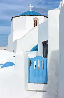 Blue Dome Prints: Traditional church with blue dome and whitewashed houses