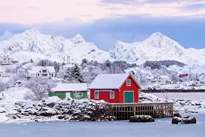 Lifestyles Prints: Traditional colorful cabins overlooking the frozen fjord at dawn