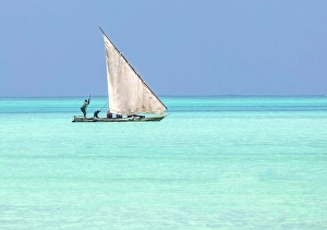 Zanzibar Prints: Traditional dhow heading out to sea, Jambiani, Zanzibar, Tanzania