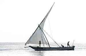 Zanzibar Prints: Traditional dhow heading out to sea, Jambiani, Zanzibar, Tanzania