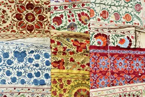 Bukhara Gallery: Traditional embroideries. Bukhara, a UNESCO World Heritage Site. Uzbekistan