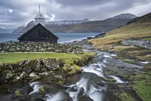 April Prints: Traditional Faroese wooden turf roofed church in the village of Funningur on the island of Eysturoy