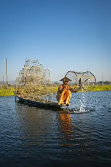 Burmese Prints: Traditional fisherman fishing on Lake Inle using cylinder fishing nets, Lake Inle
