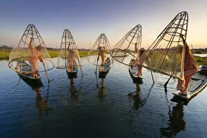 Five traditional fishermen fishing together using conical nets, Lake Inle