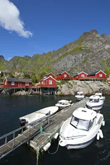 Rorbuer Prints: Traditional fishing huts (rorbuer) in the picturesque fishing village of A, A, Moskenesoy