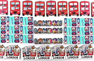 Gift Prints: Traditional fridge magnets of London icons sold in a souvenir shop, London, England