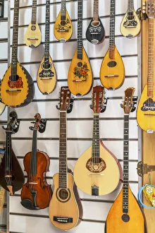 Retail Prints: Traditional Greek musical instruments on display, Athens, Greece