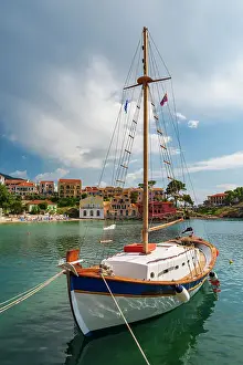 Kefalonia Prints: Traditional Greek sailing boat in the harbour village of Asos