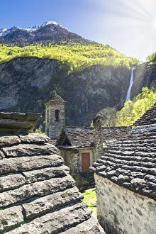 Roofs Prints: Traditional houses and church of Foroglio, Val Bavona, Canton of Ticino, Switzerland