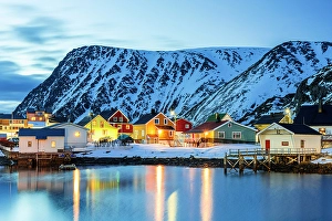 Finnmark Prints: Traditional houses in the snowy coastal village of Sorvaer