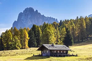 Sudtirol Collection: A traditional hut with the Sassolungo in the background