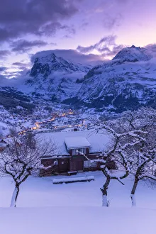Chalets Prints: Traditional hut at sunrise after a snowfall. Grindelwald, Canton of Bern, Switzerland