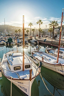 Traditional Mallorcan boats in the harbor of Port de Soller, Mallorca, Balearic Islands, Spain