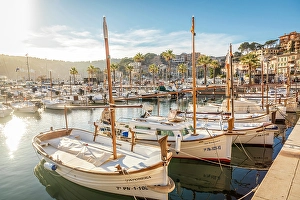 Traditional Mallorcan boats in the harbor of Port de Soller, Mallorca, Balearic Islands, Spain