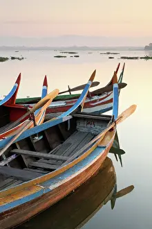 Mandalay Prints: Traditional painted fishing boats at sunrise