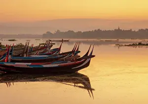 Mandalay Prints: Traditional painted fishing boats at sunrise