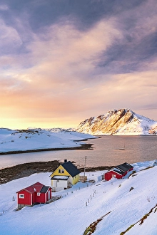 Finnmark Prints: Traditional rorbu cabins and snowcapped mountains