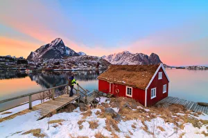 Reine Prints: Traditional Rorbu with grass roof, Reine, Lofoten Islands, Norway (MR)
